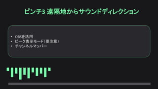 ピンチ3 遠隔地からサウンドディレクション
• OBSを活用
• ピーク表示モード（要注意）
• チャンネルマッパー
 