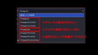 ←チャンネル配列がおかしい
←マルチch録音できないっぽい
←配列は正しいが容量がバカでかい
 