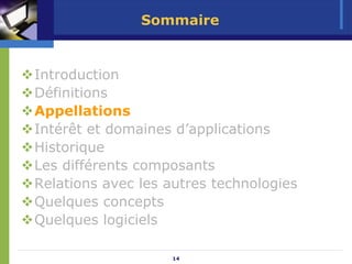 Sommaire


Introduction
Définitions
Appellations
Intérêt et domaines d’applications
Historique
Les différents composants
Relations avec les autres technologies
Quelques concepts
Quelques logiciels

                   14
 