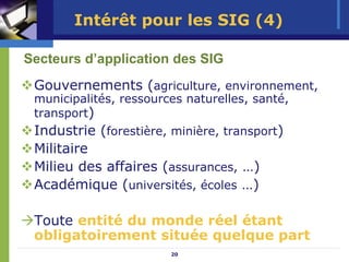 Intérêt pour les SIG (4)

Secteurs d’application des SIG
 Gouvernements (agriculture, environnement,
 municipalités, ressources naturelles, santé,
 transport)
 Industrie (forestière, minière, transport)
 Militaire
 Milieu des affaires (assurances, …)
 Académique (universités, écoles …)

 Toute entité du monde réel étant
 obligatoirement située quelque part
                        20
 
