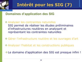Intérêt pour les SIG (7)

Domaines d’application des SIG

 Analyser les contraintes naturelles
 SIG permet de réaliser les études préliminaires
 d’infrastructures routières en analysant et
 représentant les contraintes naturelles

 Gérer l'infrastructure routière et les ouvrages d’art

 Analyser l’habitat et les constructions publiques

 Le domaine d’application des SIG est presque infini !

                         23
 