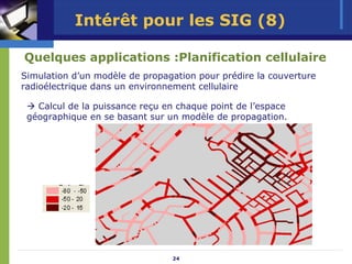 Intérêt pour les SIG (8)

Quelques applications :Planification cellulaire
Simulation d’un modèle de propagation pour prédire la couverture
radioélectrique dans un environnement cellulaire

   Calcul de la puissance reçu en chaque point de l’espace
 géographique en se basant sur un modèle de propagation.




                                24
 