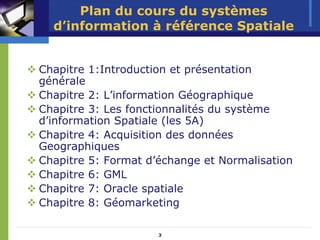 Plan du cours du systèmes
  d’information à référence Spatiale


Chapitre 1:Introduction et présentation
générale
Chapitre 2: L’information Géographique
Chapitre 3: Les fonctionnalités du système
d’information Spatiale (les 5A)
Chapitre 4: Acquisition des données
Geographiques
Chapitre 5: Format d’échange et Normalisation
Chapitre 6: GML
Chapitre 7: Oracle spatiale
Chapitre 8: Géomarketing

                     3
 