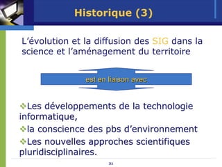Historique (3)

L’évolution et la diffusion des SIG dans la
science et l’aménagement du territoire


               est en liaison avec


  Les développements de la technologie
informatique,
  la conscience des pbs d’environnement
  Les nouvelles approches scientifiques
pluridisciplinaires.
                      31
 