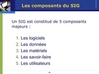 Les composants du SIG


Un SIG est constitué de 5 composants
majeurs :


 1. Les logiciels
 2. Les données
 3. Les matériels
 4. Les savoir-faire
 5. Les utilisateurs
                  37
 