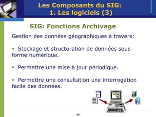 Les Composants du SIG:
            1. Les logiciels (3)

      SIG: Fonctions Archivage
Gestion des données géographiques à travers:

  Stockage et structuration de données sous
forme numérique.

  Permettre une mise à jour périodique.

  Permettre une consultation une interrogation
facile des données.




                       40
 