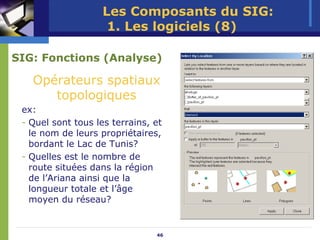 Les Composants du SIG:
                     1. Les logiciels (8)

SIG: Fonctions (Analyse)

   Opérateurs spatiaux
      topologiques
 ex:
 - Quel sont tous les terrains, et
   le nom de leurs propriétaires,
   bordant le Lac de Tunis?
 - Quelles est le nombre de
   route situées dans la région
   de l’Ariana ainsi que la
   longueur totale et l’âge
   moyen du réseau?


                                46
 