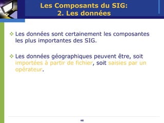 Les Composants du SIG:
              2. Les données


Les données sont certainement les composantes
les plus importantes des SIG.

Les données géographiques peuvent être, soit
importées à partir de fichier, soit saisies par un
opérateur.




                        48
 