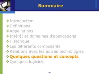 Sommaire


Introduction
Définitions
Appellations
Intérêt et domaines d’applications
Historique
Les différents composants
Relations avec les autres technologies
Quelques questions et concepts
Quelques logiciels

                   56
 