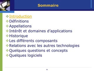 Sommaire

Introduction
Définitions
Appellations
Intérêt et domaines d’applications
Historique
Les différents composants
Relations avec les autres technologies
Quelques questions et concepts
Quelques logiciels


                    6
 