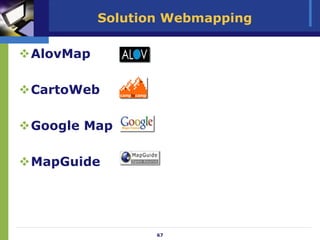 Solution Webmapping

AlovMap

CartoWeb

Google Map

MapGuide




                 67
 