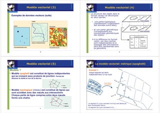 Modèle vectoriel (3)                                           Modèle vectoriel (4)

                                                               La structure des objets dans le
 Exemples de données vecteurs (suite)
             donné                                             format vecteur se décompose
                                                               en deux parties:

                                                                    une partie topologique                              Carte originale

                                                                   (représentant l'organisation
                                                                   des données entre elles),

                                                                   et une partie géométrique
                                                                   (correspondant aux                                   Carte vectorisée
                                                                   coordonnées géométriques
                                                                   des objets)

                                                                    A la différence du format
                                                                   raster, ces deux parties
                                                                   sont indépendantes et la
                                                                   topologie des informations
                                                                   peut être représentée sans
                                                                   sa géométrie.
                                       49                                                                50




                     Modèle vectoriel (5)                            Le modèle vectoriel: métrique (spaghetti)

Modèle ?                                                    Exemple 1:
                                                            chaque segment est décrit
 Modèle spaghetti est constitué de lignes indépendantes     indépendamment l’un de l’autre
 qui se croisent sans produire de jonction: Permet de
 dessiner la réalité et non de la décrire.

                                                                                   Interprétation
                                                                                    de la réalité



 Modèle topologique (réseau):est constitué de lignes qui
 sont scindées avec des nœuds aux intersections.
 Chaque partie de ligne comprise entre deux nœuds
 forme une chaîne.

                                                           • le segment S1 a pour sommets A et B qui sont décrits par
                                                           deux coordonnées chacun,
                                                           • le segment S2 a pour sommets B’ et C, ….
                                       51                                                                52
 