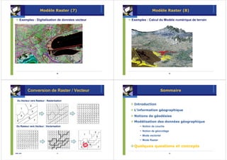 Modèle Raster (7)                           Modèle Raster (8)

     Exemples : Digitalisation de données vecteur   Exemples : Calcul du Modèle numérique de terrain




                                    69                                        70




            Conversion de Raster / Vecteur                               Sommaire

  Du Vecteur vers Rasteur : Rasterisation
                                                     Introduction
                                                     L’information géographique
                                                     Notions de géodésies
                                                     Modélisation des données géographique
 Du Rasteur vers Vecteur : Vecterisation                 • Notion de couche
                                                         • Notion de géocodage
                                                         • Mode vectoriel
                                                         • Mode Raster

                                                     Quelques questions et concepts
SIRS -SIG                           71                                        72
 