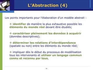 L’Abstraction (4)

Les points importants pour l’élaboration d’un modèle abstrait :

     identifier de manière la plus exhaustive possible les
   éléments du monde réel devant être étudiés;

     caractériser pleinement les données à acquérir
   (données descriptives);

     déterminer les relations d’interdépendance
   (spatiale ou non) entre les éléments du monde réel;

     impliquer dès le début du processus de modélisation
   tous les intervenants et utiliser un langage commun
   connu et reconnu par tous.


                               11
 