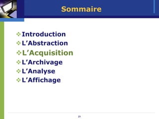 Sommaire


Introduction
L’Abstraction
L’Acquisition
L’Archivage
L’Analyse
L’Affichage




                21
 