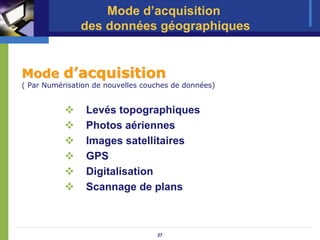 Mode d’acquisition
               des données géographiques


Mode d’acquisition
( Par Numérisation de nouvelles couches de données)


                Levés topographiques
                Photos aériennes
                Images satellitaires
                GPS
                Digitalisation
                Scannage de plans



                                   27
 