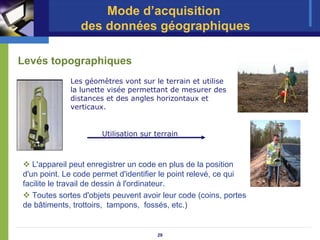 Mode d’acquisition
                des données géographiques

Levés topographiques
             Les géomètres vont sur le terrain et utilise
             la lunette visée permettant de mesurer des
             distances et des angles horizontaux et
             verticaux.


                      Utilisation sur terrain



   L'appareil peut enregistrer un code en plus de la position
d'un point. Le code permet d'identifier le point relevé, ce qui
facilite le travail de dessin à l'ordinateur.
   Toutes sortes d'objets peuvent avoir leur code (coins, portes
de bâtiments, trottoirs, tampons, fossés, etc.)


                                      29
 
