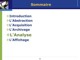 Sommaire


Introduction
L’Abstraction
L’Acquisition
L’Archivage
L’Analyse
L’Affichage




                 42
 