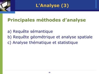 L’Analyse (3)


Principales méthodes d’analyse

a) Requête sémantique
b) Requête géométrique et analyse spatiale
c) Analyse thématique et statistique




                    45
 