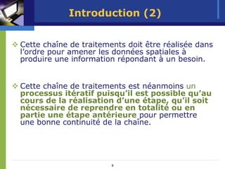 Introduction (2)


Cette chaîne de traitements doit être réalisée dans
l’ordre pour amener les données spatiales à
produire une information répondant à un besoin.


Cette chaîne de traitements est néanmoins un
processus itératif puisqu’il est possible qu’au
cours de la réalisation d’une étape, qu’il soit
nécessaire de reprendre en totalité ou en
partie une étape antérieure pour permettre
une bonne continuité de la chaîne.




                        5
 