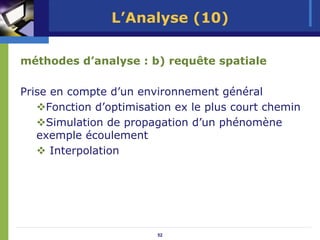 L’Analyse (10)

méthodes d’analyse : b) requête spatiale

Prise en compte d’un environnement général
     Fonction d’optimisation ex le plus court chemin
     Simulation de propagation d’un phénomène
   exemple écoulement
      Interpolation




                         52
 