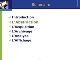 Sommaire


Introduction
L’Abstraction
L’Acquisition
L’Archivage
L’Analyse
L’Affichage




                6
 