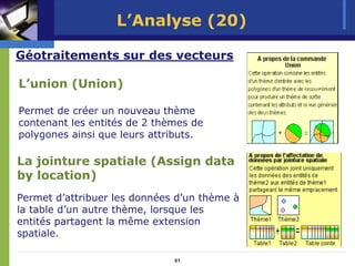 L’Analyse (20)

Géotraitements sur des vecteurs

L’union (Union)

Permet de créer un nouveau thème
contenant les entités de 2 thèmes de
polygones ainsi que leurs attributs.

La jointure spatiale (Assign data
by location)
Permet d’attribuer les données d’un thème à
la table d’un autre thème, lorsque les
entités partagent la même extension
spatiale.

                              61
 