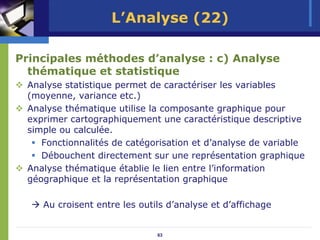 L’Analyse (22)

Principales méthodes d’analyse : c) Analyse
  thématique et statistique
 Analyse statistique permet de caractériser les variables
 (moyenne, variance etc.)
 Analyse thématique utilise la composante graphique pour
 exprimer cartographiquement une caractéristique descriptive
 simple ou calculée.
    Fonctionnalités de catégorisation et d’analyse de variable
    Débouchent directement sur une représentation graphique
 Analyse thématique établie le lien entre l’information
 géographique et la représentation graphique

    Au croisent entre les outils d’analyse et d’affichage


                              63
 