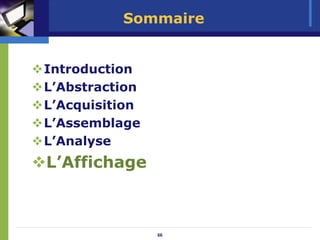 Sommaire


Introduction
L’Abstraction
L’Acquisition
L’Assemblage
L’Analyse
L’Affichage



                66
 