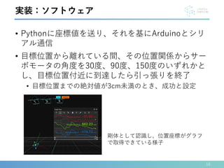 • Pythonに座標値を送り、それを基にArduinoとシリ
アル通信
• 目標位置から離れている間、その位置関係からサー
ボモータの角度を30度、90度、150度のいずれかと
し、目標位置付近に到達したら引っ張りを終了
• 目標位置までの絶対値が3cm未満のとき、成功と設定
10
実装：ソフトウェア
剛体として認識し、位置座標がグラフ
で取得できている様子
 