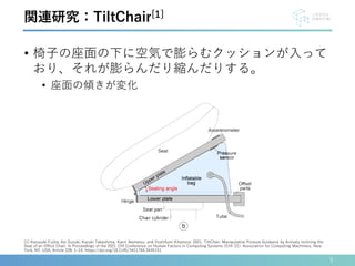 • 椅子の座面の下に空気で膨らむクッションが入って
おり、それが膨らんだり縮んだりする。
• 座面の傾きが変化
5
[1] Kazuyuki Fujita, Aoi Suzuki, Kazuki Takashima, Kaori Ikematsu, and Yoshifumi Kitamura. 2021. TiltChair: Manipulative Posture Guidance by Actively Inclining the
Seat of an Office Chair. In Proceedings of the 2021 CHI Conference on Human Factors in Computing Systems (CHI '21). Association for Computing Machinery, New
York, NY, USA, Article 228, 1–14. https://doi.org/10.1145/3411764.3445151
関連研究：TiltChair[1]
 