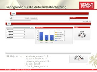 Kenngrößen für die Aufwandsabschätzung




  UI Metric :=                 windows_count * 3 +
                               canvas_count*2 +
                               canvas_tab_count*2+
                               block_count+
                               block_item_count;
05.04.2011   © TEAM - Ihr Partner f ür IT            28
 