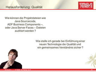 Herausforderung: Qualität


Wie können die Projektdateien wie
       Java Sourcecode,
  ADF Business Components –,
oder Java Server Faces – Dateien
        auditiert werden ?


                                            Wie stelle ich gerade bei Einführung einer
                                              neuen Technologie die Qualität und
                                             ein gemeinsames Verständnis sicher ?




05.04.2011   © TEAM - Ihr Partner f ür IT                                                33
 