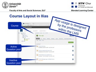 Faculty of Arts and Social Sciences, DLF Blended Learning Center
Course Layout in Ilias
Course
Active
Question pool
Inactive
Question pool
 