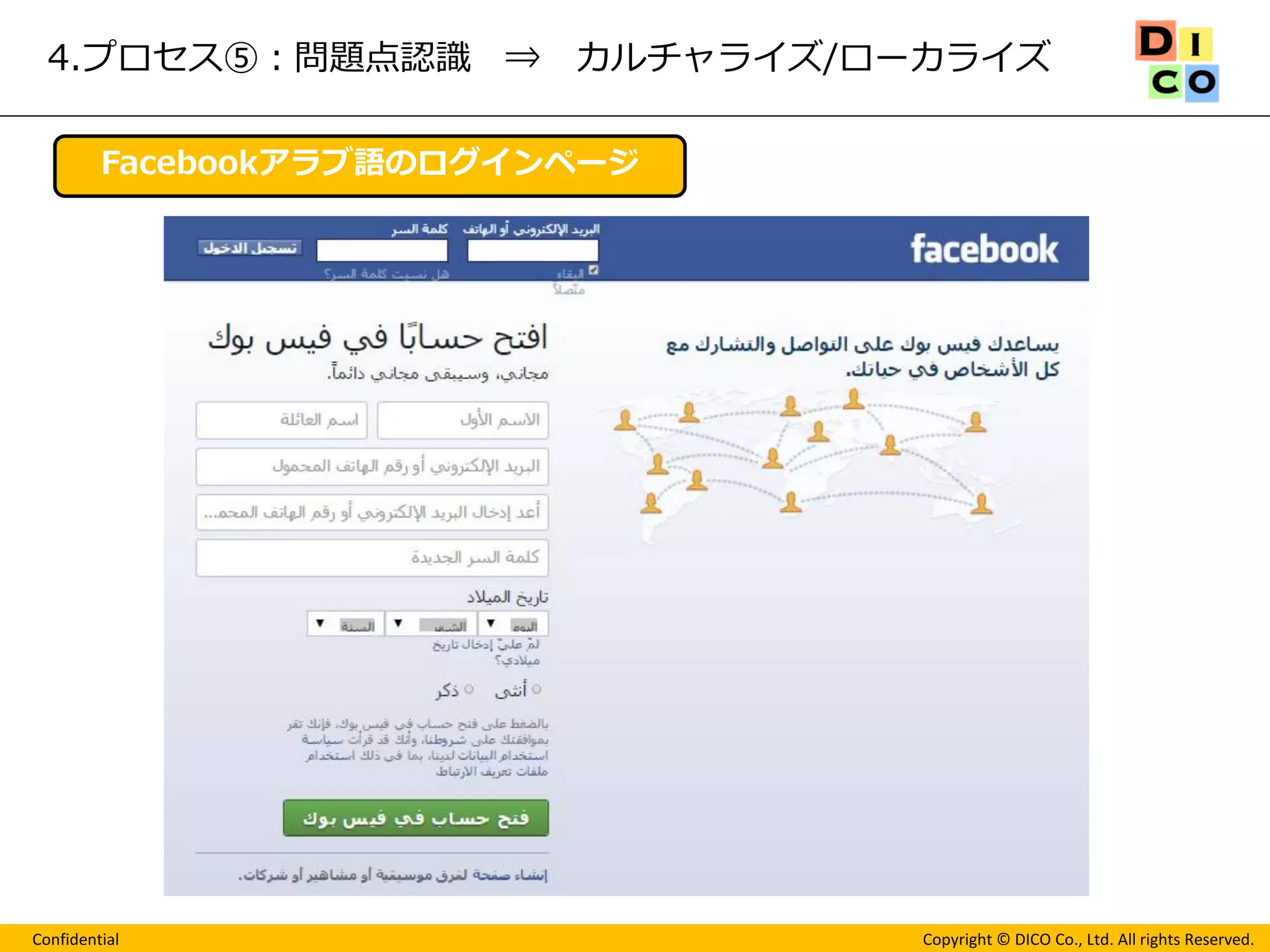Confidential 
Copyright © DICO Co., Ltd. All rights Reserved. 
4.プロセス⑤：問題点認識 ⇒ カルチャライズ/ローカライズ 
Facebookアラブ語のログインページ  