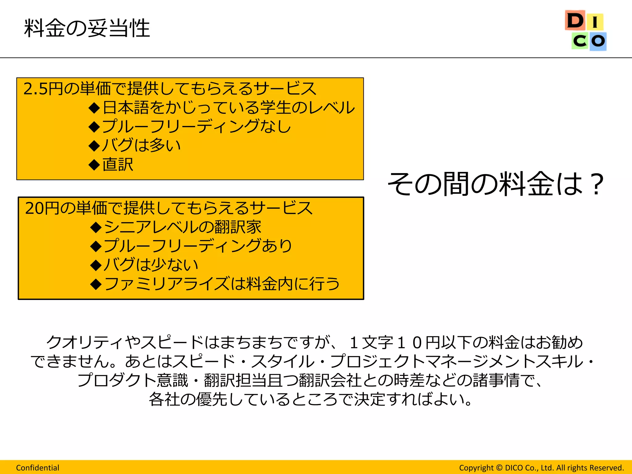 Confidential 
Copyright © DICO Co., Ltd. All rights Reserved. 
料金の妥当性 
20円の単価で提供してもらえるサービス 
◆シニアレベルの翻訳家 
◆プルーフリーディングあり 
◆バグは少ない 
◆ファミリアライズは料金内に行う 
その間の料金は？ 
クオリティやスピードはまちまちですが、１文字１０円以下の料金はお勧め 
できません。あとはスピード・スタイル・プロジェクトマネージメントスキル・ プロダクト意識・翻訳担当且つ翻訳会社との時差などの諸事情で、 
各社の優先しているところで決定すればよい。 
2.5円の単価で提供してもらえるサービス 
◆日本語をかじっている学生のレベル 
◆プルーフリーディングなし 
◆バグは多い 
◆直訳  