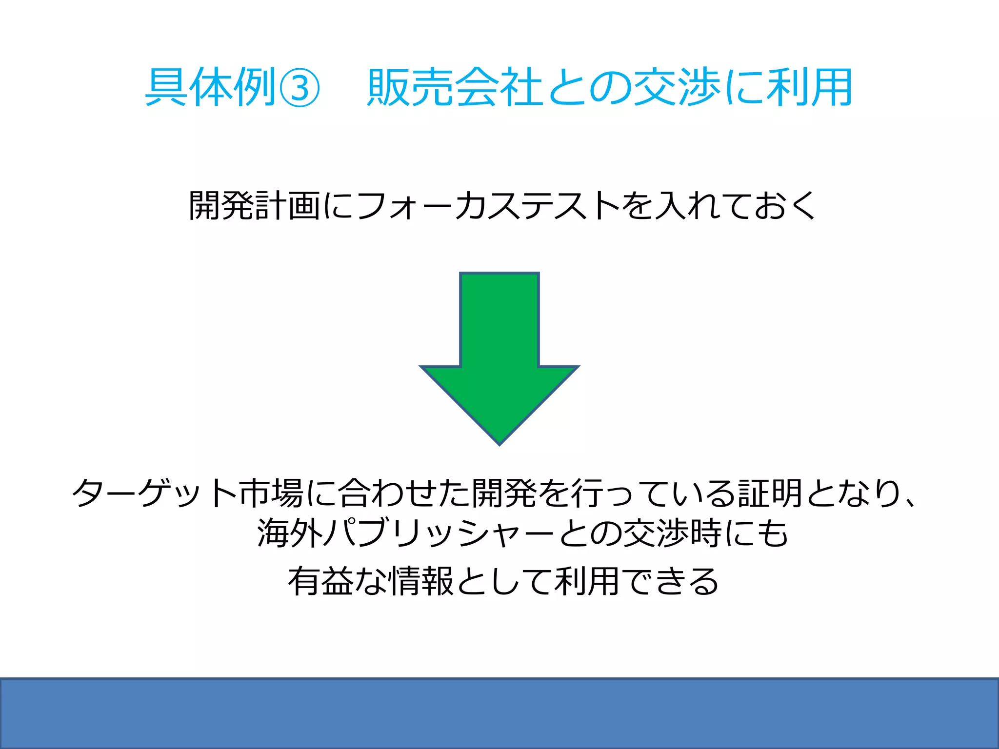具体例③ 販売会社との交渉に利用

   開発計画にフォーカステストを入れておく




ターゲット市場に合わせた開発を行っている証明となり、
      海外パブリッシャーとの交渉時にも
       有益な情報として利用できる
 