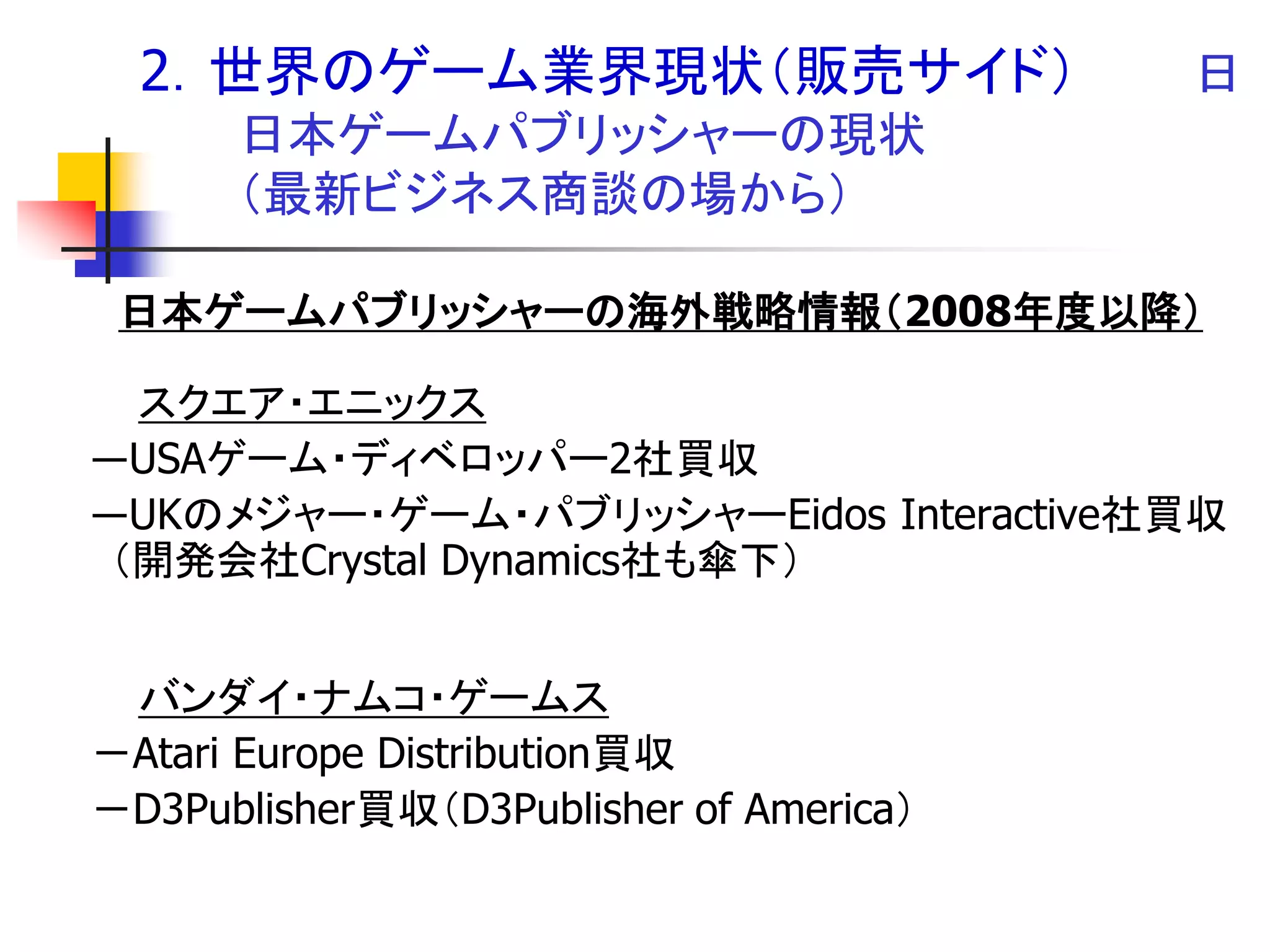 2．世界のゲーム業界現状＇販売サイド（                    日
      日本ゲームパブリッシャーの現状
      ＇最新ビジネス商談の場から（

 日本ゲームパブリッシャーの海外戦略情報＇2008年度以降（

  スクエア・エニックス
―USAゲーム・ディベロッパー2社買収
―UKのメジャー・ゲーム・パブリッシャーEidos Interactive社買収
 ＇開発会社Crystal Dynamics社も傘下（


 バンダイ・ナムコ・ゲームス
－Atari Europe Distribution買収
－D3Publisher買収＇D3Publisher of America（
 