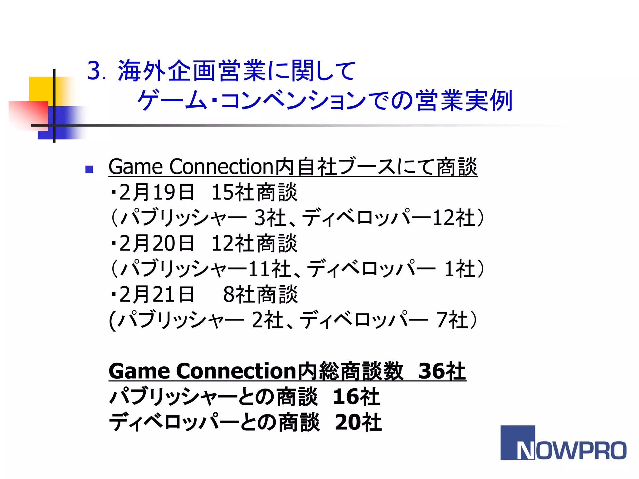 3．海外企画営業に関して
   ゲーム・コンベンションでの営業実例

   Game Connection内自社ブースにて商談
    ・2月19日 15社商談
    ＇パブリッシャー 3社、ディベロッパー12社（
    ・2月20日 12社商談
    ＇パブリッシャー11社、ディベロッパー 1社（
    ・2月21日 8社商談
    (パブリッシャー 2社、ディベロッパー 7社（

    Game Connection内総商談数 36社
    パブリッシャーとの商談 16社
    ディベロッパーとの商談 20社
 