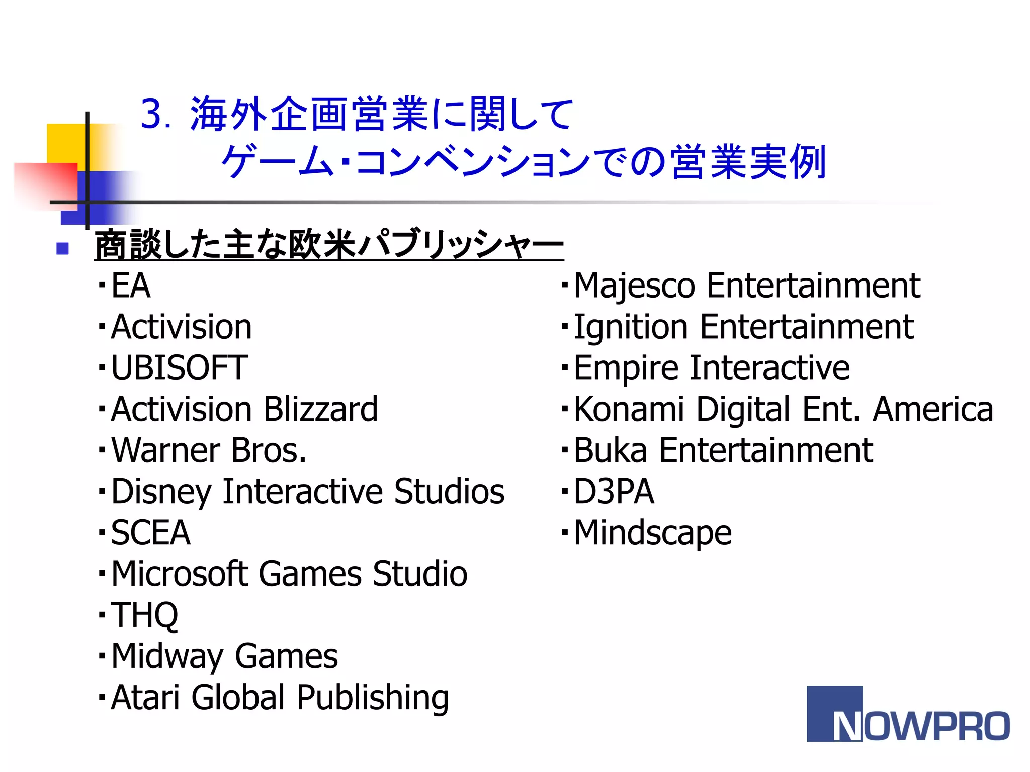3．海外企画営業に関して
         ゲーム・コンベンションでの営業実例

   商談した主な欧米パブリッシャー
    ・EA                         ・Majesco Entertainment
    ・Activision                 ・Ignition Entertainment
    ・UBISOFT                    ・Empire Interactive
    ・Activision Blizzard        ・Konami Digital Ent. America
    ・Warner Bros.               ・Buka Entertainment
    ・Disney Interactive Studios ・D3PA
    ・SCEA                       ・Mindscape
    ・Microsoft Games Studio
    ・THQ
    ・Midway Games
    ・Atari Global Publishing
 
