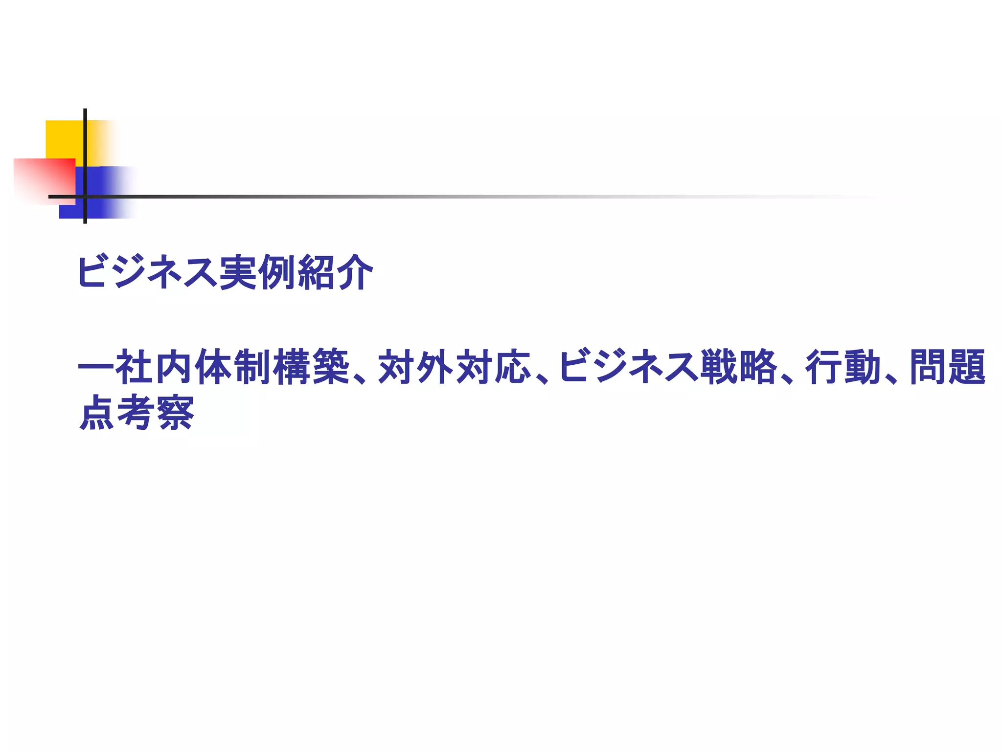 ビジネス実例紹介

ー社内体制構築、対外対応、ビジネス戦略、行動、問題
点考察
 