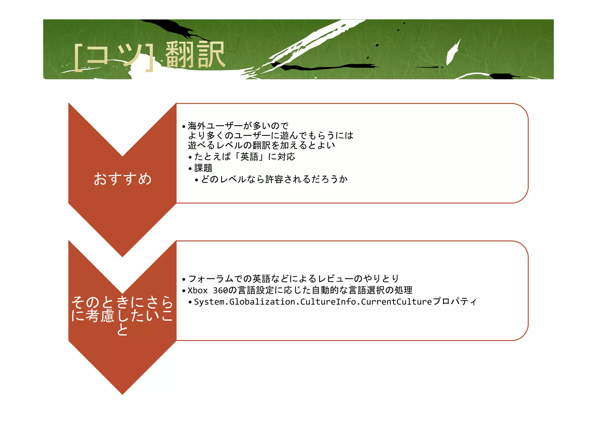 • 海外ユーザーが多いので
            より多くのユーザーに遊んでもらうには
            遊べるレベルの翻訳を加えるとよい
            • たとえば「英語」に対応
            • 課題
 おすすめ         • どのレベルなら許容されるだろうか




          • フォーラムでの英語などによるレビューのやりとり
          • Xbox 360の言語設定に応じた自動的な言語選択の処理
そのときにさら     • System.Globalization.CultureInfo.CurrentCultureプロパティ
に考慮したいこ
   と
 