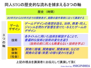 同人STGの歴史的な流れを捕まえる３つの軸
                   歴史 （時間）
    ８０年代から００年代までの開発者が、実際の製作事例に沿って講演する

            ゲームデザインの発想を語る。当時、商業・同人、
    ゲーム
            ジャンルを問わず影響を受けた・与えたゲームの
    デザイン
            デザイン
３           各タイトルに用いた技術を解説することで、
つ    技術     普遍的な技術と技術の変化を追う
の            （技術の前に同人も商業もない:技術を学ぶ）
軸
      製作    開発に現場、開発機材、開発体制、などの
      体制    開発の足場（背景）の移り変わりを追う
     （社会）
       上記の視点を講演者にお伝えして講演して頂く
                      Twitter Hash Tag: #SIGINDIE6
 