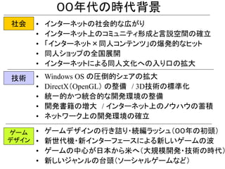 ００年代の時代背景
社会   •   インターネットの社会的な広がり
     •   インターネット上のコミュニティ形成と言説空間の確立
     •   「インターネット×同人コンテンツ」の爆発的なヒット
     •   同人ショップの全国展開
     •   インターネットによる同人文化への入り口の拡大
技術   •   Windows OS の圧倒的シェアの拡大
     •   DirectX（OpenGL） の整備 / 3D技術の標準化
     •   統一的かつ統合的な開発環境の整備
     •   開発書籍の増大 / インターネット上のノウハウの蓄積
     •   ネットワーク上の開発環境の確立

ゲーム • ゲームデザインの行き詰り・続編ラッシュ（００年の初頭）
デザイン • 新世代機・新インターフェースによる新しいゲームの波
     • ゲームの中心が日本から米へ（大規模開発・技術の時代）
     • 新しいジャンルの台頭（ソーシャルゲームなど）
 