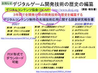 お知らせ
              デジタルゲーム開発技術の歴史の編纂
    デジタルコンテンツ協会（DCAJ） http://www.dcaj.org （調査・報告書）
       ３年間で全開発分野の開発技術の歴史を編纂する
   デジタルコンテンツ制作の先端技術応用に関する調査研究報告書
             ２００７                                         ２００８                               ２００９（製作中）
       第３章 ゲームAI技術                       第３章 ゲーム開発技術ロードマップ                                  ゲーム技術ロードマップ

       第４章 プロシージャル技術                     ３．２．１ 技術としてのゲームデザイン                                ２．２Dグラフィックス

       第５章 コンテンツ管理技術                     ３．２．２ 素材作成 CG(3D)                                  ３．３Dグラフィックス
                                         ３．２．３ 素材作成 サウンド                                    ４．物理シミュレーション
http://www.dcaj.org/report/2007/ix1_07.html
                                         ３．２．４ 素材作成 アニメーション                                 ５．ミドルウェア
                                         ３．２．５ プログラミング AI                                   ６．シナリオ
                                         ３．２．６ プログラミング グラフィックス描画                            ７．ユーザーインターフェイス
                                         ３．２．７ プログラミング 物理・衝突判定                              ９．品質管理

      PDF形式で                             ３．２．８ タスクシステム 技術詳細編                                10．開発工程管
                                         ３．２．９ タスクシステム 技術遷移編                                11．ローカライズ
      ダウンロード
                                         ３．２．１０ プログラミング スクリプト
        可能
                                         ３．２．１１ ネットワーク通信
                                         ３．２．１２ 開発方法論と、その歴史
                                              http://www.dcaj.org/report/2008/ix1_03.html
 