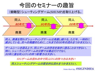 今回のセミナーの趣旨
 （俯瞰型）シューティングゲーム(SHUMP)を取り上げる。

   同人          同人             同人
    ８０年代      ９０年代              ００年代


    商業        商業              商業

同人、商業を問わずシューティングゲームは発展し続ける。ただ今、一時的に
減少している。次への飛躍のために、これまでの３０年の流れをつかまえたい。
ゲームシーンを語る上で、同人ゲームの存在を抜きに語ることはできない。
特に、シューティングゲームの分野では最近だけでなく、
３０年に渡る同人STGの持つ影響力は大きい。
    STGゲームの流れの中で同人STGの持つ力は大きい
  同人シューティングゲームの歴史的な流れをつかまえたい。
                        Twitter Hash Tag:   #SIGINDIE6
 