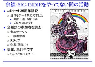 余談：SIG-INDIEをやってない間の活動
コミケット35周年調査
当日もデ タ集めてました当日もデータ集めてました
東館：七邊，西館：小山
ご協力に感謝ですご協力に感謝です
全種類の参加者を調査
参加サークル
一般参加者般参加者
スタッフ
企業（回収中）企業（回収中）
現在，集計中です
ちょっと死にそう・・・
 