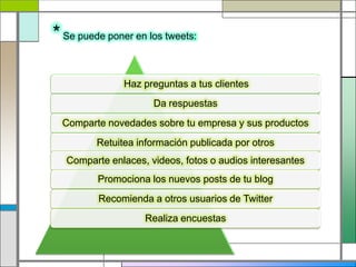 *Se puede poner en los tweets:
Haz preguntas a tus clientes
Da respuestas
Comparte novedades sobre tu empresa y sus productos
Retuitea información publicada por otros
Comparte enlaces, videos, fotos o audios interesantes
Promociona los nuevos posts de tu blog
Recomienda a otros usuarios de Twitter
Realiza encuestas
 