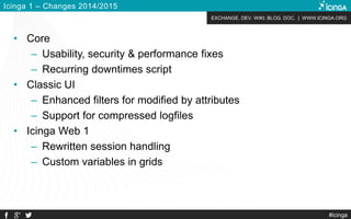 EXCHANGE. DEV. WIKI. BLOG. DOC. | WWW.ICINGA.ORG
#icinga
Icinga 1 – Changes 2014/2015
• Core
– Usability, security & performance fixes
– Recurring downtimes script
• Classic UI
– Enhanced filters for modified by attributes
– Support for compressed logfiles
• Icinga Web 1
– Rewritten session handling
– Custom variables in grids
 