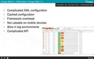 EXCHANGE. DEV. WIKI. BLOG. DOC. | WWW.ICINGA.ORG
#icinga
Icinga Web 2 – Motivation: Icinga Web 1.x
• Complicated XML configuration
• Cached configuration
• Framework overhead
• Not useable on mobile devices
• Slow in big environments
• Complicated API
 